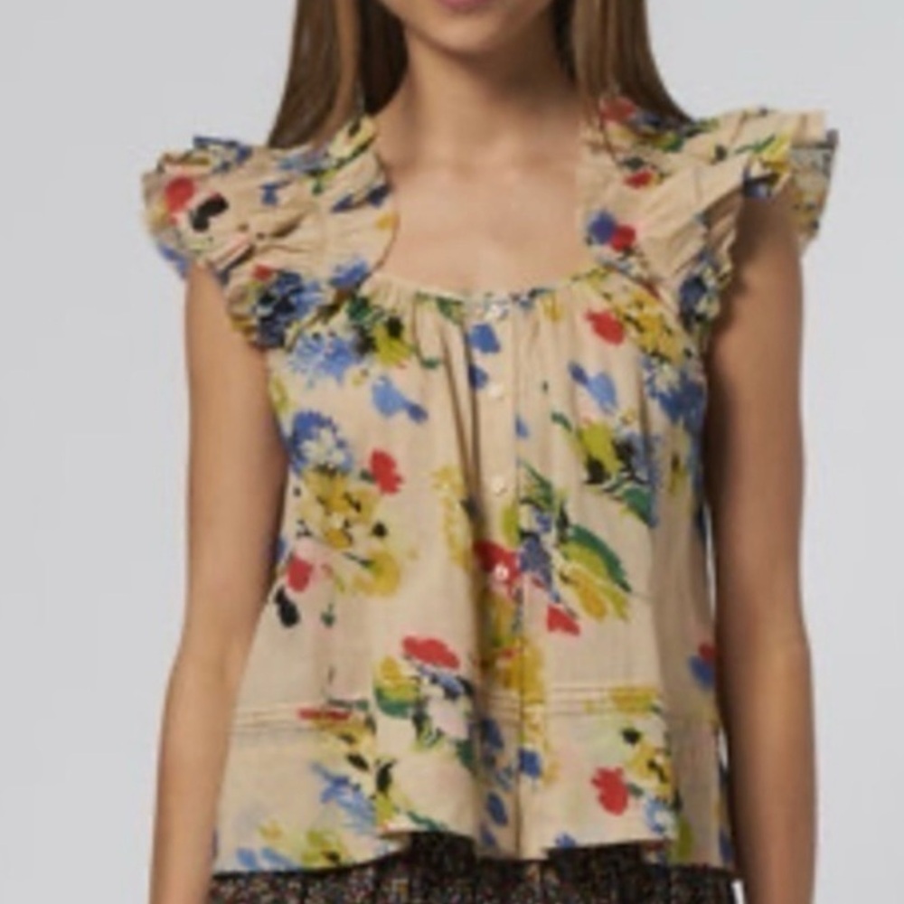 THE GREAT. Floral Ruffle-Sleeve Tank in Beige with Multicolor Print